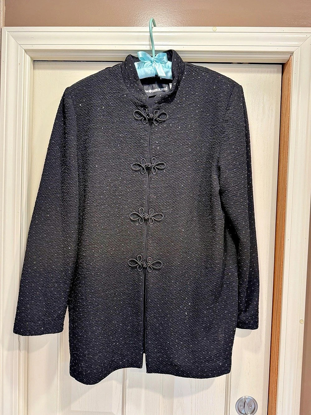 Sag Harbor Black Toggle-Front Long Sequin Jacket